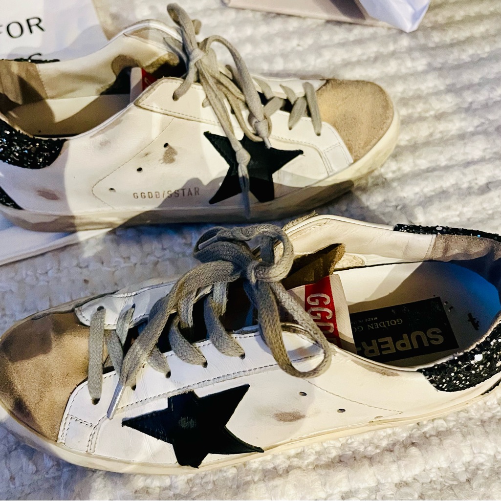 Golden Goose White Leather Sneakers With Black Star And Glitter Heel